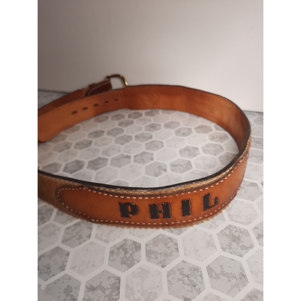 Mens Leather Belt, Animal Hide, Name Stamped Phil Size 38